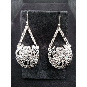 Vintage Silvertone Chain Drop Earrings Black Rhinestone Statement Dangle Gothic